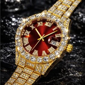 Iced Out Gold Bustdown Watch Red Dial Simulated Diamond Big Face Quartz Unisex